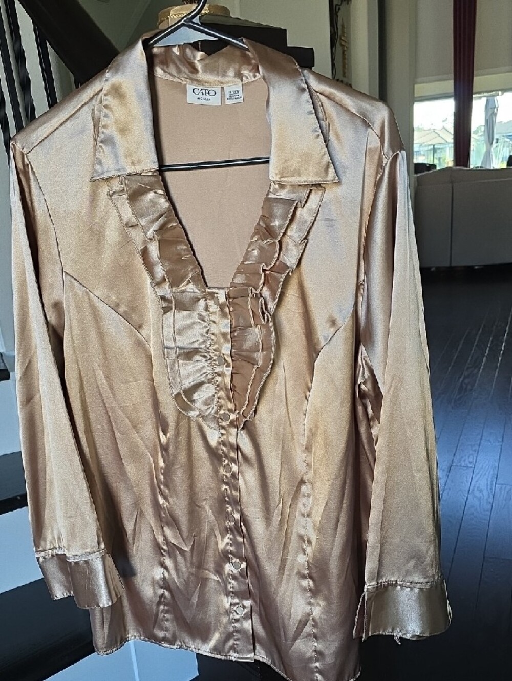 Cato Shimmery Gold Ruffle-Front Satin Blouse - Picture 11 of 13